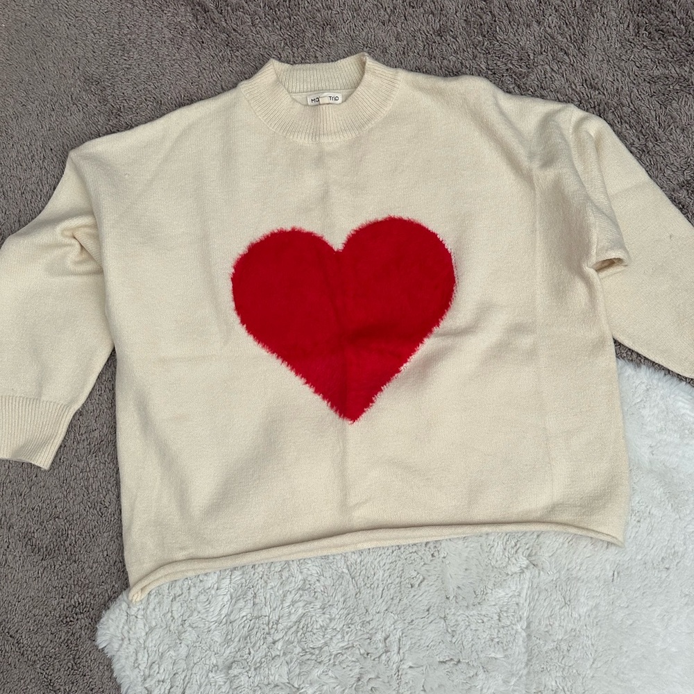 Cozy Cream Sweater with Red Heart